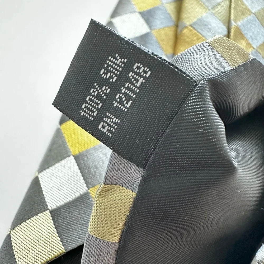 Bugatti Men's‎ Necktie 100% Silk Geometric Checkered Pattern Gray Gold